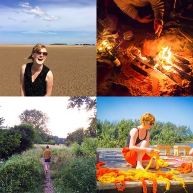Four images that show what Beth likes to do for fun. Walks, going to the beach, bon fired and being creative 